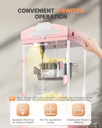 Image of 8 Oz Popcorn Machine, Tabletop Popcorn Maker, Countertop Pop Corn Machine Makes Up to 32 Cups, Movie Theater Popcorn Popper Machine with Stainless-Steel Kettle for Home Family, Pink