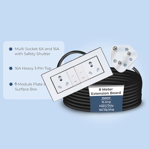 Image of Extension Board Heavy Duty Multi Socket 15A /16A /20 (2500 Watts 16A Big Plug and Two 16A Socket and Two 20A Switch, 8 Meter)
