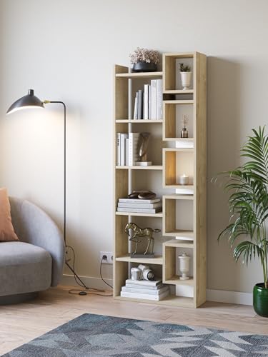 MARCKERIC | Modelo Eladi – Librería 5 Estantes y 5 Nichos | Diseño Moderno y Funcional | Estilo Actual – Color Roble/Blanco – 60,4x168,5x22 cm