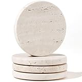 White Travertine Coasters - Set of 4 Round 4” Diameter Drink Marble Coasters for Housewarming Gift, Anniversary, Office - Protect Countertops from Stains - Sturdy and Durable Aesthetics