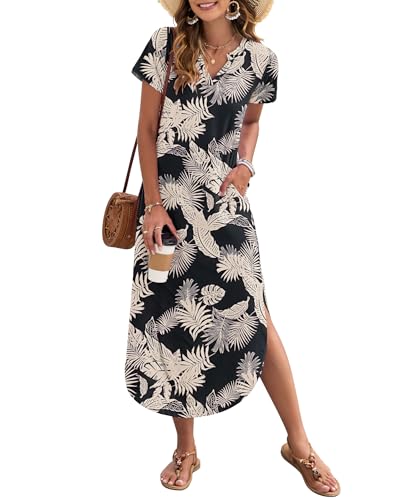 Image of MISFAY Women's Summer Maxi Dress 2026 Casual Short Sleeves V Neck Loose Sundress Split Long Beach T Shirt Dress