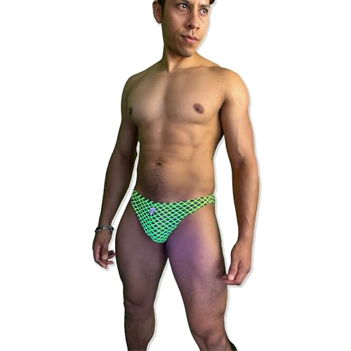 Party Swimmers Mens Swimwear and Party Briefs, Neon Flash Reflective Material, Brief and Bikini Cut, Hidden Zipper Pocket