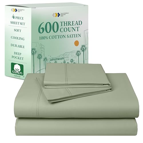 California Design Den Hotel Quality Full Size Sheets Set - Luxury 600 Thread Count Sateen, Natural 100% Cotton Bed Sheets, Fully Elasticized Deep Pockets, Crisp, Cool and Durable - Laurel Green
