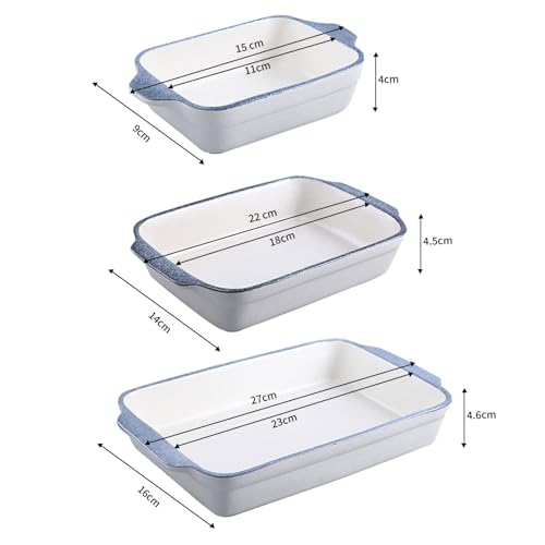 Baking Dishes, Ceramic Bakeware Sets of 3, Porcelain Baking Pan with Handles, Rectangular Oven Safe and Durable Wide Baking Dish for Roasting, Lasagna, Pie, Baking Meat, Vegetables 10.6"/8.6"/5.9" - Image 3