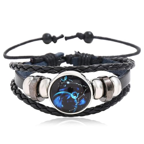 Image of Tied By Love Constellation Zodiac Leather Adjustable Bracelet Braided Celestial Wristband Glass Charm Fantasy Horoscope Astrology Aries Taurus Unisex Jewellery for Girls Boys Women Men (Pisces)