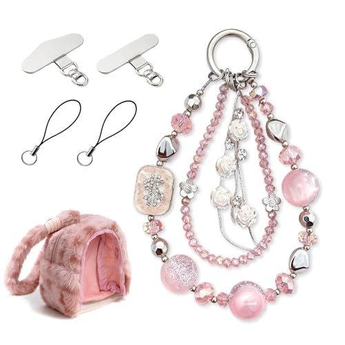 YONONIC Beaded Phone Charm and Plush Doll Protective Case Kit, Cell Phone Chain with Mini Key Headset Bag for Women, Cute Charm Wrist Strap and Portable Storage Bag for Doll Lipstick Cosmetic, Pink - image 1