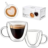 GLASKEY Double Wall Heart Shaped Glass Coffee Mugs Set of 2, Unique and Insulated Glass Espresso Cups with Handle,6.5oz Espresso Glasses for Coffee,Latte,Cappuccino and Tea, Clear