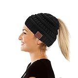 Yideng Bluetooth Mütze Personalisierte Geschenke für Damen, Gestrickt Verdicken Wintermütze Mit Zöpfen Loch Loop Gefütterte Beanie Plain Warme Hut Hohe Bun Pferdeschwanz Mütze (Schwarz)