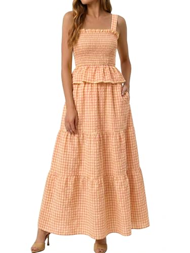 Glamaker Womens 2 Piece Skirt Sets Summer Gingham Plaid Tank Tops Maxi Skirt Casual Travel Vacation Outfit With Pocket(Yellow Pink,Medium)