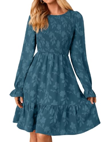 Simplee Womens Long Sleeve Mini Dress Fall Casual Smocked Baydoll A Line Short Wedding Guest Dresses with Pockets Ink Blue