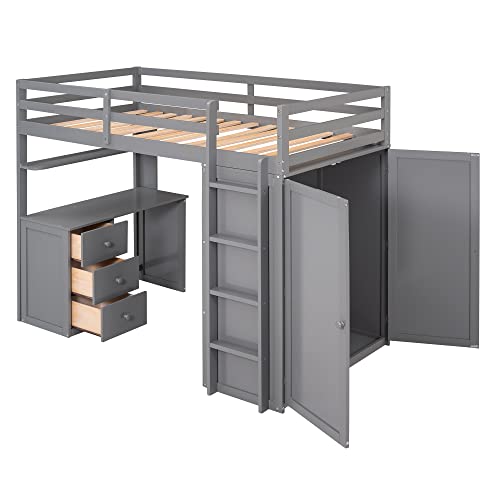 Melpomene Loft Bed Twin Size,Wooden Kids Loft Bed With Desk And Storage Drawers And Wardrobe,For Girls Boys Teens,No Box Spring Needed,Grey #TOP6