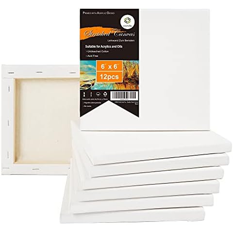 CONDA 6x6 inch Stretched Canvas for Painting, Pack of 12, 100% Cotton, 5/8 Inch Profile Value Bulk Pack for Acrylics, Oils Painting Cover
