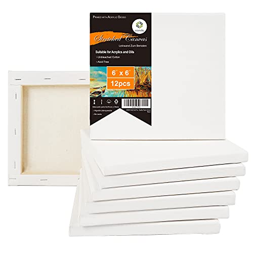 CONDA 6x6 inch Stretched Canvas for Painting, Pack of 12, 100% Cotton, 5/8 Inch Profile Value Bulk Pack for Acrylics, Oils Painting