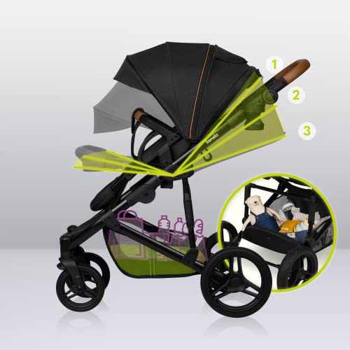 Lionelo Mari Tour 2In1 Passeggino Per Bambini Da 22Kg Con Navicella Regolazione Dello Schienale Pieghevole Cinture 5Punti Grandi Ruote Da Terreno 360° Tripla Ammortizzazione Tettuccioxxl (Black Onyx) - 10