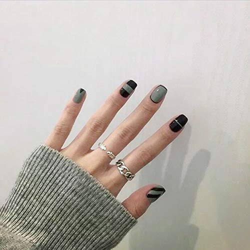 Skyvan 24 Count Kit Vintage Black and Green Short Size False Nails Full Cover Pres On Pop Fake Nails With Glue and Adhesive Tab