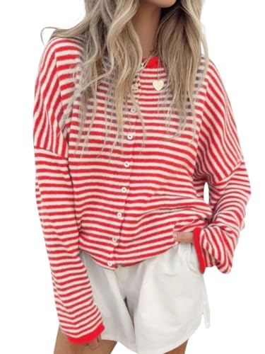 Women's Striped Cardigan Sweaters Long Sleeve Button Down Cropped Knit Lightweight Sweater