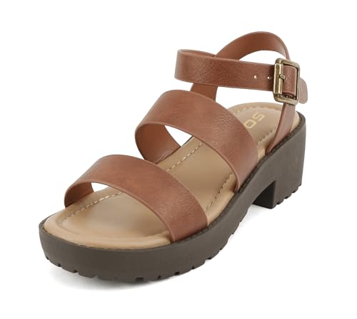 Image of Soda ACCOUNT-2 ~ Little Kids /Children /Girls Open Toe Two Bands Lug sole Fashion Block Heel Sandals with Adjustable Ankle Strap