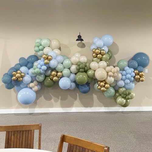 Image of Dusty Blue Sage Green Balloon Arch Kit 139Pcs Fog Blue Pastel Green White Sand Balloons for Baby Shower Birthday Jungle Safari One Silly Goose Theme Wedding Bride Party Decorations for Boy Girl Adult
