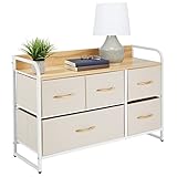 mDesign Wide Dresser Storage Chest, Sturdy Steel Frame, Wood Top & Handles, Easy Pull Fabric Bins - Organizer Unit for Bedroom, Hallway, Entryway, Closet - Textured Print, 5 Drawers - Cream/White