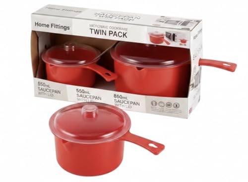 Home Fittings Set Easy Cook Polly Carbonate Non-Staining Microwave Saucepan and Lid Red 850ML & 550ML BPA Safe (Pack of 2) RED Sauce Pan