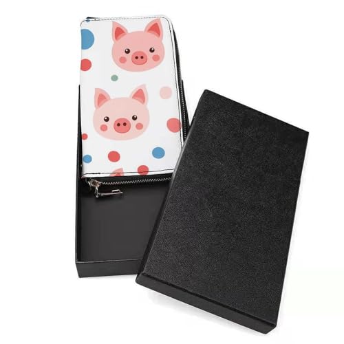 Colorful Polka Dot Pigs Women's Leather Clutch Wallet with Zip Card Holder Hand Strap Large Capacity3