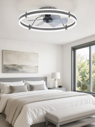 Image of ZMISHIBO Low Profile 24'' Ceiling Fans with Lights and Remote, Gray | 3000-6000K Dimmable LED Fandelier, Quiet DC Motor, Reversible Airflow, 6 Wind Speeds, Timer, Bedroom, Living Room, Kitchen