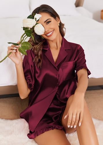 Image of Ekouaer Satin Pajama Set for Women Button Down Silk 2 Piece Pj Sets Ruffle Short Sleeve Sleepwear