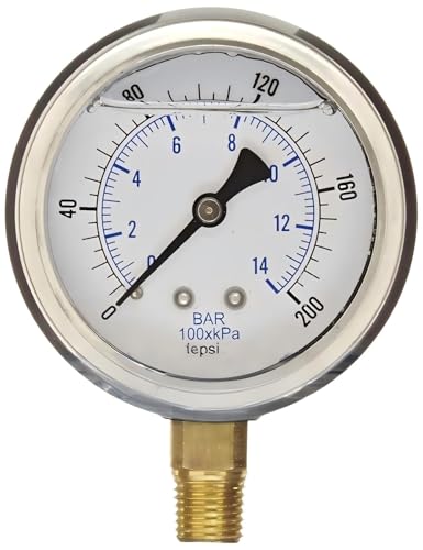 1/4" NPT Lower Mount Liquid Filled Pressure Gauge with 2.5" Dial - 0-200 PSI - for Commercial or Industrial Hydraulic & Pneumatic Systems - Compressor Pressure Gauge Replacement