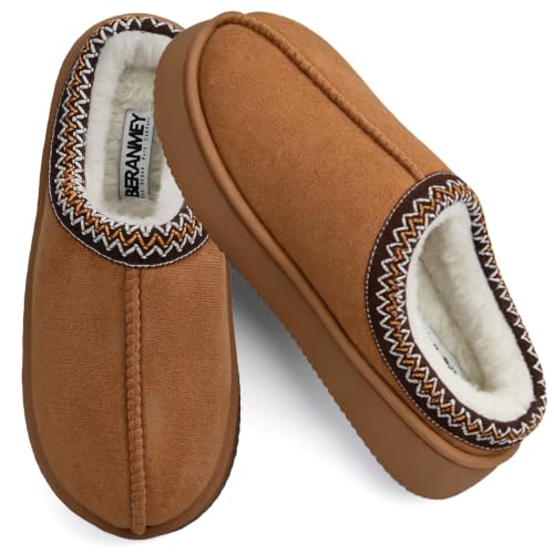 Plush Platform Slippers for Women & Men - Cozy Non-Slip Sole Warm Fuzzy Lined House Shoes for Indoor Outdoor Short Ankle Slippers (Brown US Adult Women 9.5 Numeric Range US Footwear Size System 10 Medium)