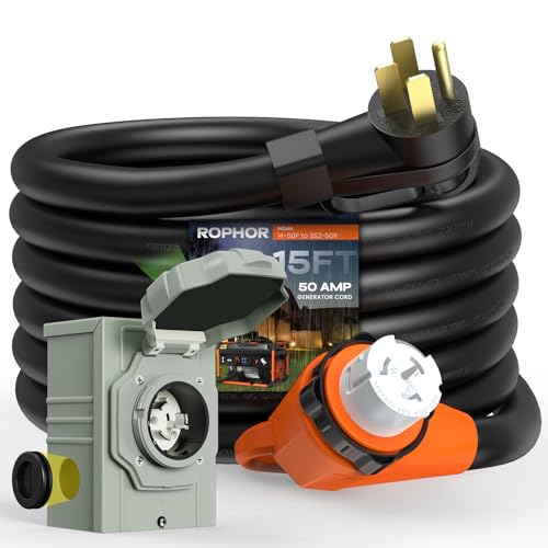 Rophor 50 Amp Generator Cord and Pre-Drilled Power Inlet Box 15FT Heavy Duty NEMA 14-50P to SS2-50R Extension Cord Twist Locking with Inlet Box 125/250V 12500W ETL Listed for Outdoor Emergency Kit