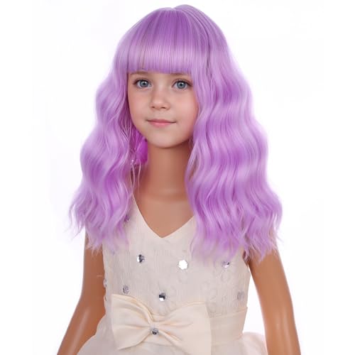 Image of PATTNIUM Kids Lavender Purple Wig Girls Purple Bob Wig with Bangs Short Colored Curly Wavy Synthetic Wigs for Children