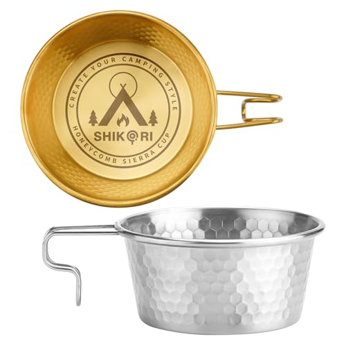 Stainless Steel Camping Sierra Cup, Stackable Portable 450ML 2 Pcs Set Sierra Bowl Cup for Camping and Hiking (Gold & Silver)