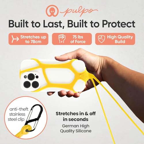 Image of Pulpo Safety Cell Phone Lanyard Yellow Fits Smartphones 6.1 inch to 6.8 inch - Anti Theft Phone Strap for Men & Women, Lanyards for Phones, Hiking Phone Holder & Cellphone Lanyard,Silicone Crossbody Straps