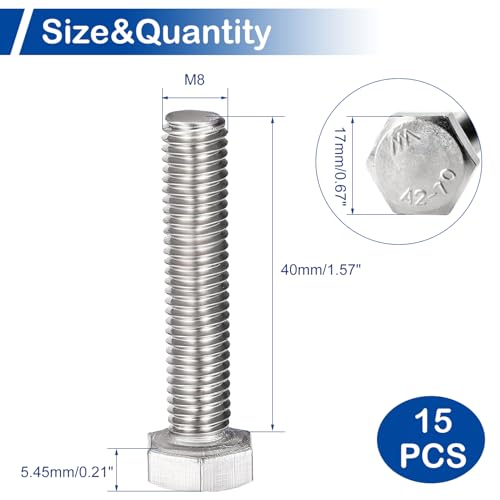 Image of MroMax 15Pcs M8-1.25 Hex Bolts, M8 x 40mm Hex Head Screws Bolts | 304 Stainless Steel 18-8, Fully Threaded, External Hex Drive, for Medium Hinge and Steel Structure Joint Connection