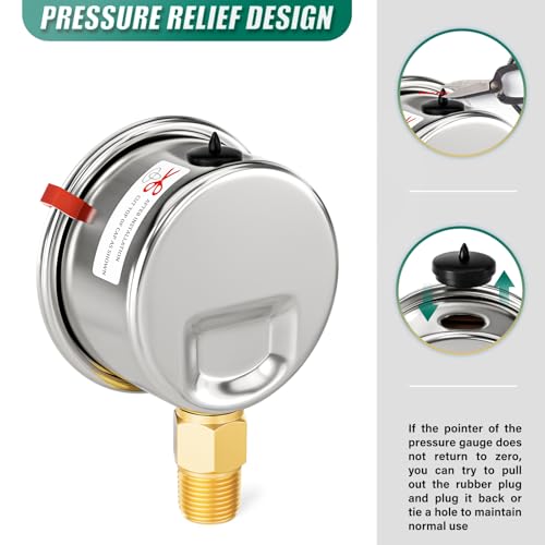 Image of 0-100Psi Stainless Steel Dry Low Pressure Gauge 1 /4 inch NPT 2 inch Dual Scale Dial, Lower Mount, Waterproof for Water Oil Air Well Pump, Tire Gas Pressure Test (with Range Mark Pointer)