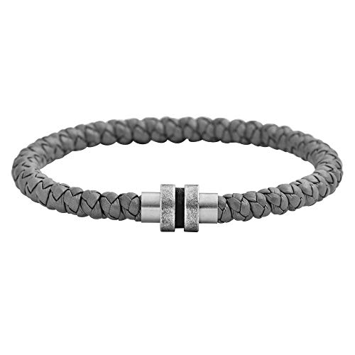 Geoffrey Beene Men's Braided Genuine Leather and Brushed Stainless Steel Magnet Closure Bracelet, Grey