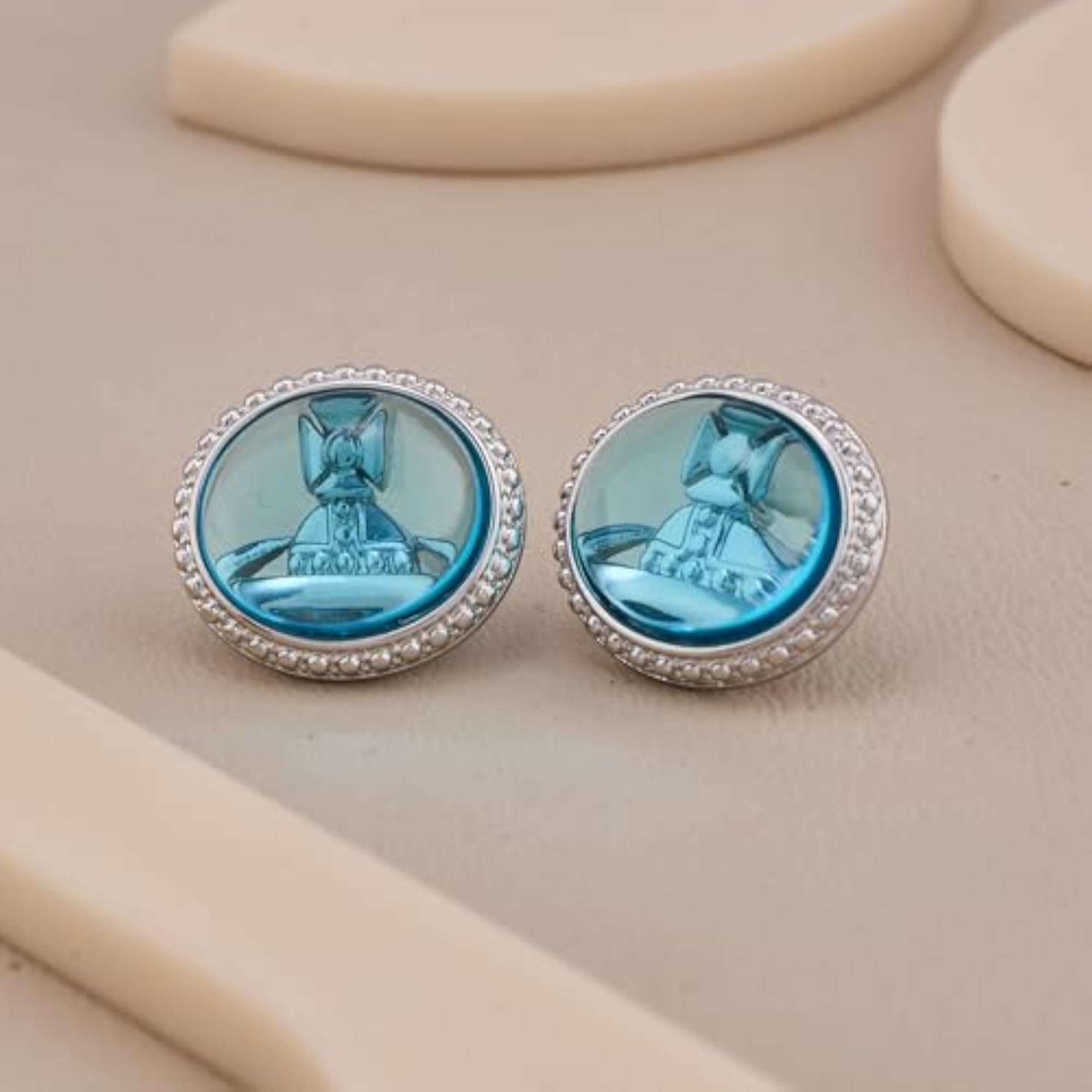Women's Round Stud Earrings with Aqua Blue Center and American Diamonds