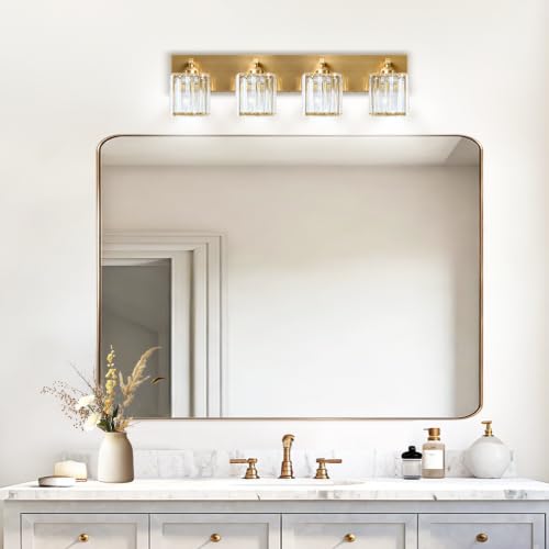 Image of Gold Crystal Bathroom Vanity Light, 4-Light Modern Bathroom Lighting Fixtures Over Mirror,Chrome Wall Sconce Light Fixtures with Square Shade