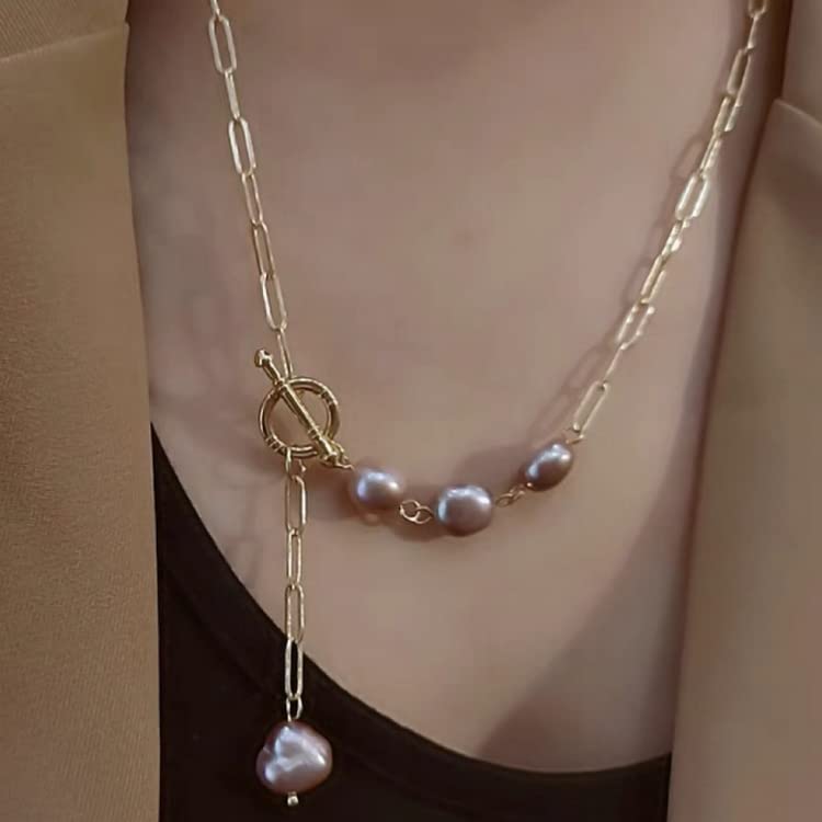 Natural Freshwater Baroque Pearl Necklace with Gold Plated Martinee Chain for Women, Trendy Jewelry Gifts for Her, Anniversary and Birthday Gifts for Wife and Girlfriend3