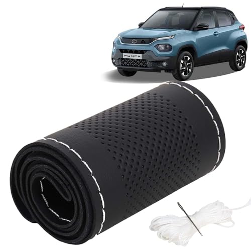 Image of KINGSWAY PU Leatherite Car Steering Cover Sewable Compatible with Tata Punch (Year 2021 Onwards), Black Color with Silver Thread, Pack of 1 with Sewing Needle and Thread