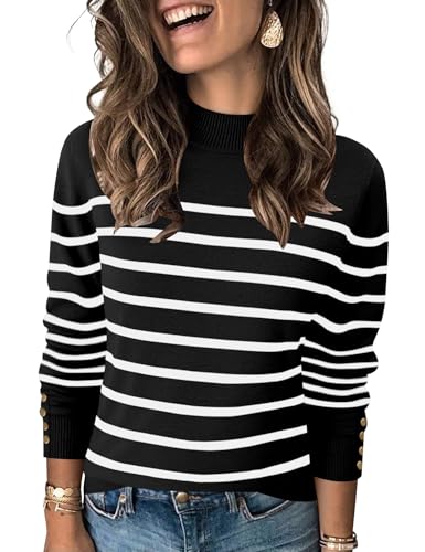 Black and White Striped Turtleneck Sweater