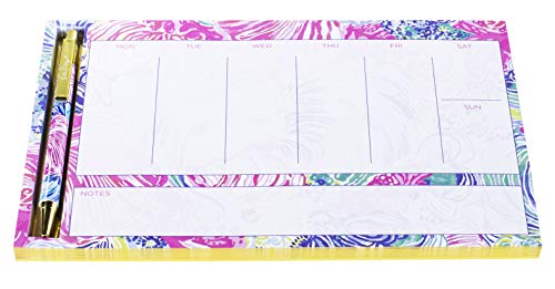 Lilly Pulitzer Undated Weekly Planner Desk Pad and Black Ink Pen, Notepad Includes 52 Sheets for 1 Year of Planning, Beach Please