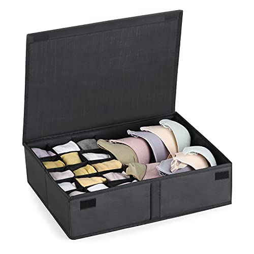 Gbdilo Draw Organizer with Lids for Underwear Socks Bra Storage Foldable Closet Drawer Divider 16 Cells, Linen Storage Box Bin for Socks Bras Underwear Ties Scarves and Lingerie in Wardrobe (Black)