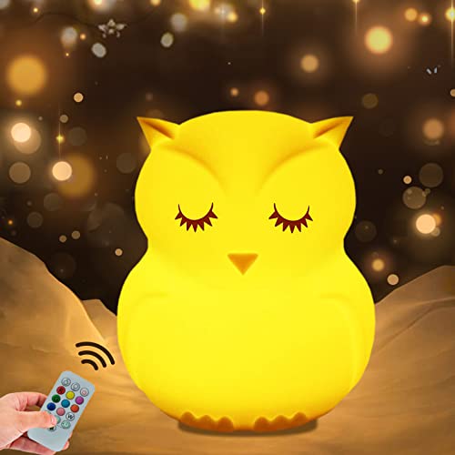 Image of WHA&DARREN Large Owl Night Light for Kids,Cute Baby Night Light, Silicone Bedside Lamp, Sleep Lights, Eye Caring, Adjustable Brightness & Color, Time Setting, Touch+Remote Control
