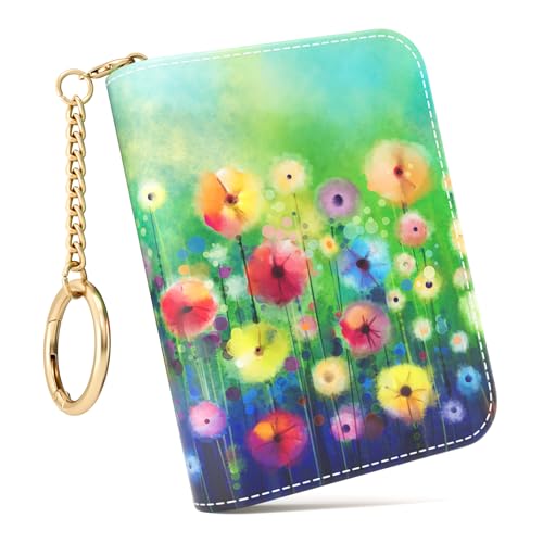 Image of Credit Card Holder RFID Wallet for Women, Small Leather Card Organizer Case with Zipper and Keychain, Hydrangea