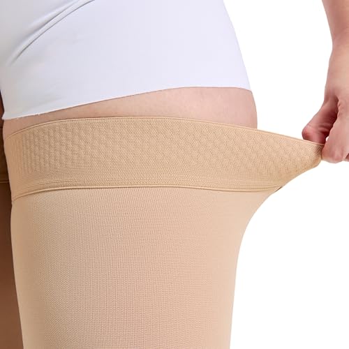 Image of Plus Size 5XL Thigh High Open Toe Compression Stockings 15-20mmHg for Men and Women, Thigh High Length, Dot-Top, Open Toe, Beige