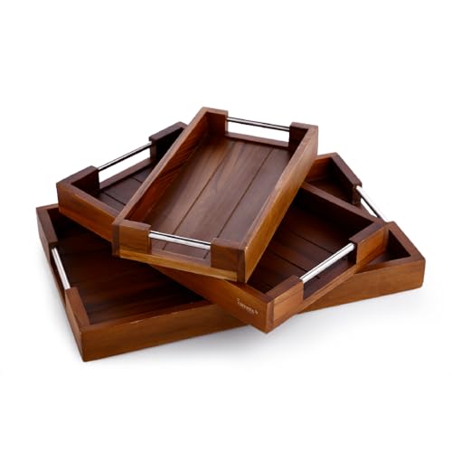 Image of Crystal Teak Wood INOX Rectangular Serving Tray | for Home, Kitchen, Restaurant, Office Organizer, Dining Table | Premium Wooden Trays | Small - 28 X 15 X 4.5 Cm | Handcrafted in India