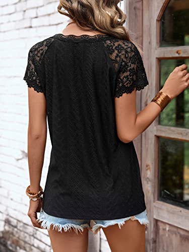 SweatyRocks Women's Floral Lace Short Sleeve Raglan Top Casual V Neck Pullover Plain Tee Shirt2