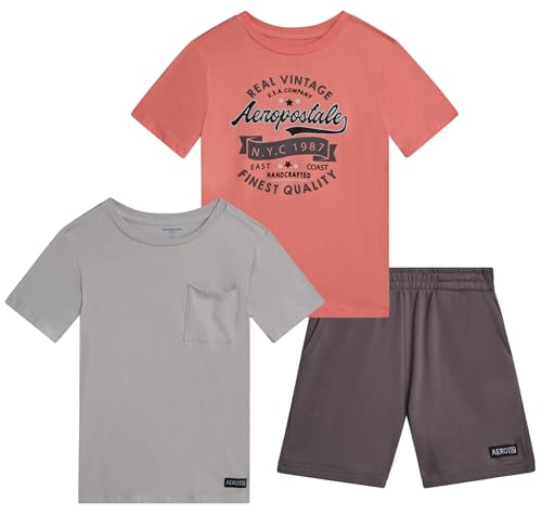 Image of AEROPOSTALE Boys Athletic Shorts Set - 3 Piece Performance Short Sleeve Graphic Boys T Shirts & Fleece Shorts (Size: 8-12)