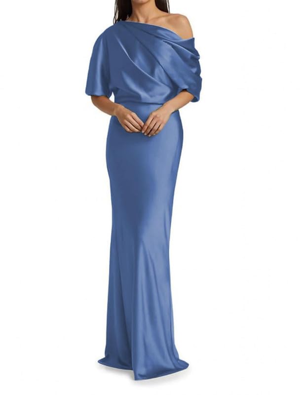Image of Mermaid Satin Mother of The Bride Dresses for Women Ruched One Shoulder Formal Evening Gowns